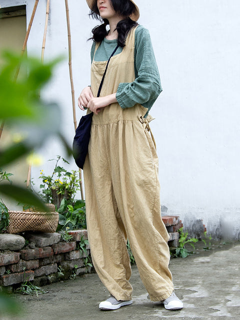 Monos de algodón con bolsillos y cordón ajustable de color liso e informal de verano para mujer