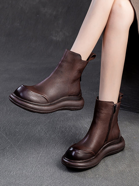 Botas de tacón medio de piel con cremallera para mujer, informales, de invierno