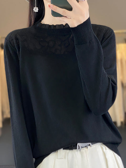 Women Autumn Lacework Neck 100%Wool Loose Sweater