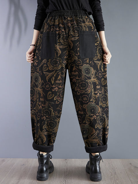 Pantalones Harem con forro polar de invierno con flores retro para mujer