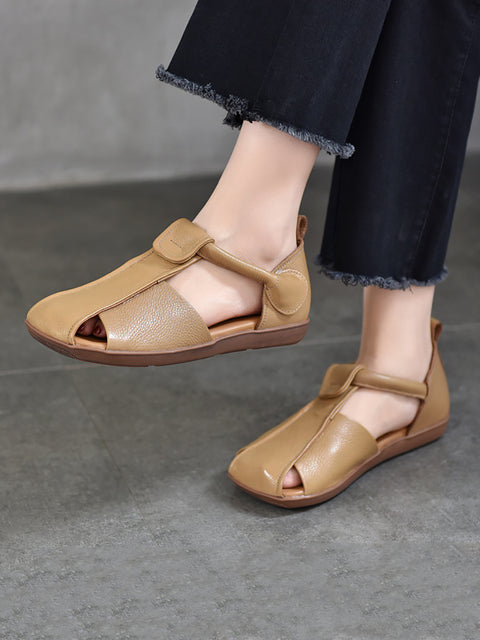 Sandalias planas con tiras de cuero suave estilo vintage de verano para mujer