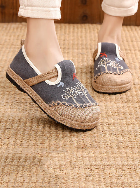 Women Summer Flower Embroidery Linen Cotton Shoes