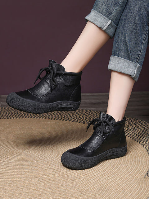 Women Retro Genuine Leather Spliced Strap Flat Boots