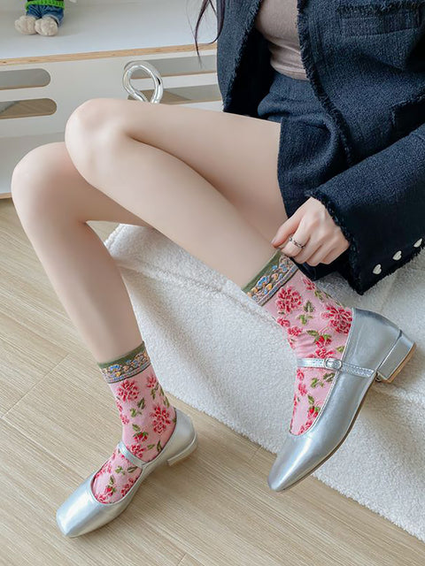 5 parejas de calcetines de algodón floral Jacquard para mujeres