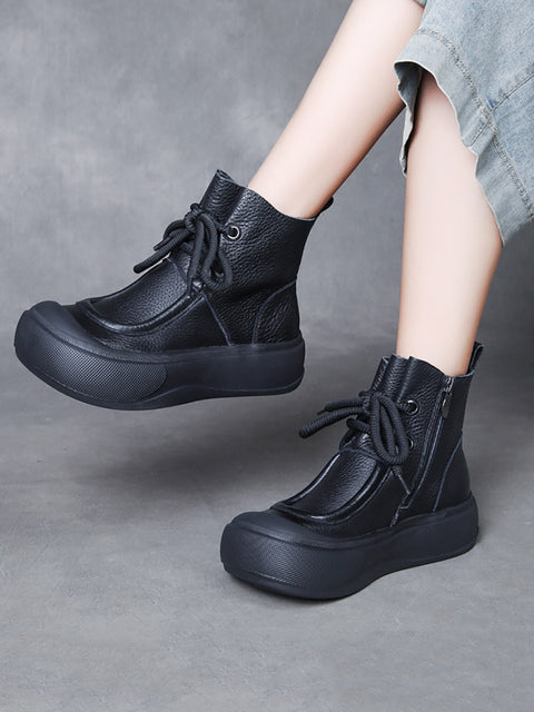 Women Vintage Genuine Leather Strap Mid-Heel Boots