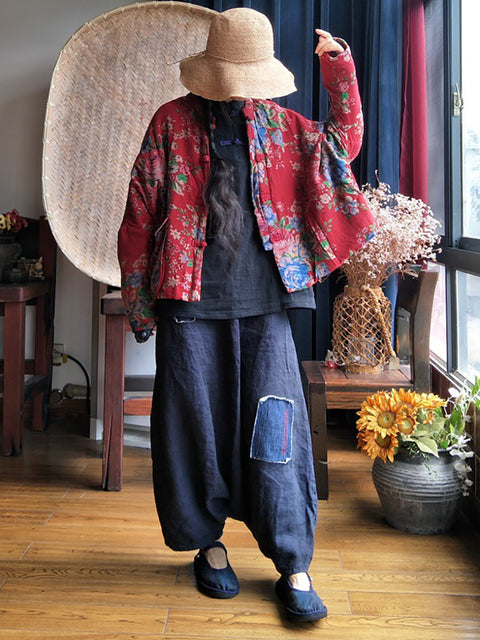 Chaqueta de algodón con botones de flores étnicas para mujer