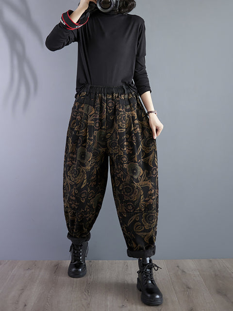 Pantalones Harem con forro polar de invierno con flores retro para mujer