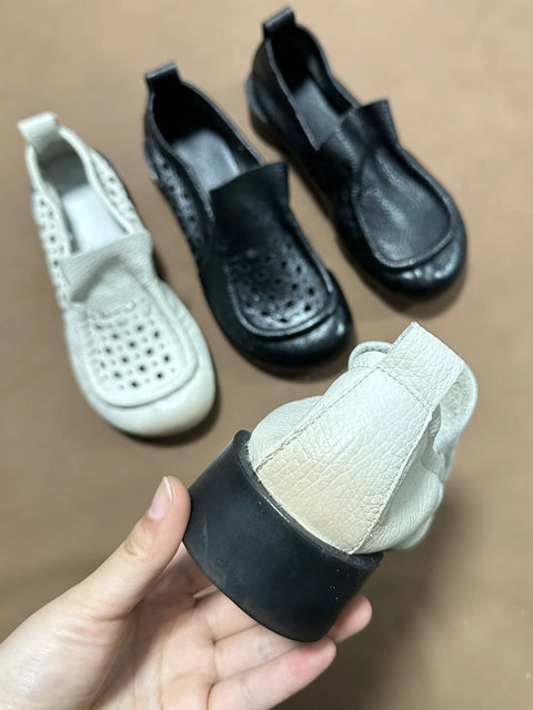 Zapatos de tacón bajo de piel auténtica suave retro de verano para mujer