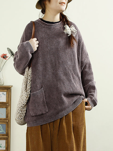 Women Casual Autumn O-Neck Solid Knit Sweater