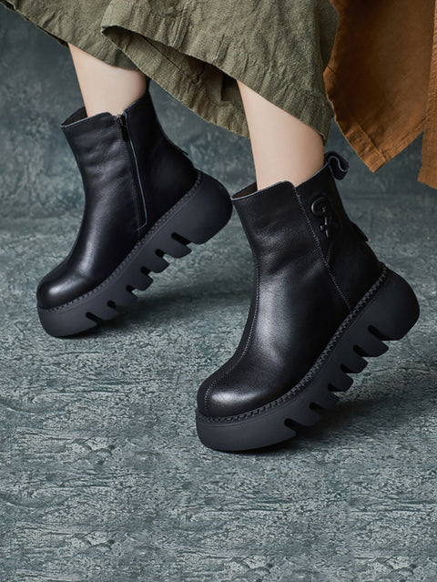 Botas de plataforma de cuero genuino retro para mujer