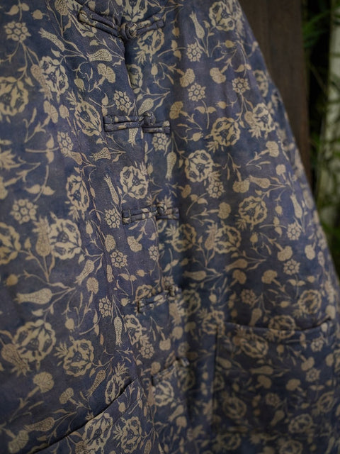 Abrigo acolchado de lino de invierno con estampado floral étnico para mujer