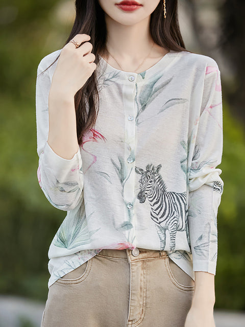 Camisa fina con cuello redondo y flores informales de primavera para mujer