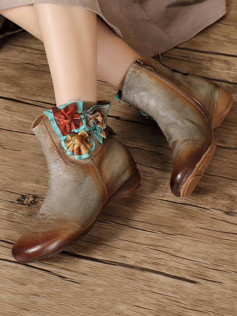 Women Vintage Leather Patch Spliced Low Heel Boots