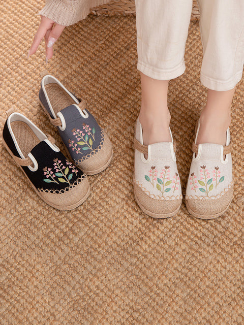 Women Ethnic Flower Embroidery Linen Cotton Flat Shoes