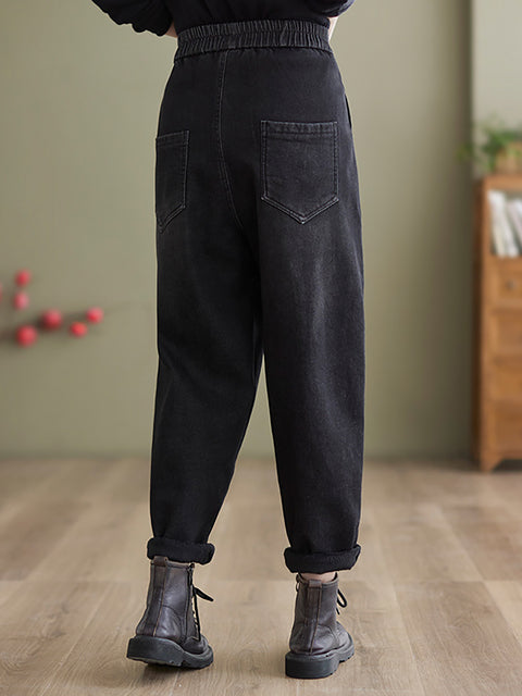 Women Casual Fleece-lined Denim Harem Pants