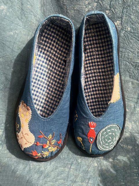 Zapatos de tela con bordado empalmado vintage para mujer