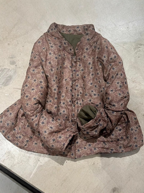 Women Vintage Autumn Floral Button-up Ramie Coat