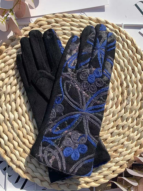 Guantes de ciclismo cálidos con bordado de flores étnicas para mujer