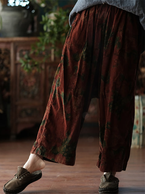 Pantalones de pierna ancha de algodón de primavera con estampado de flores retro para mujer