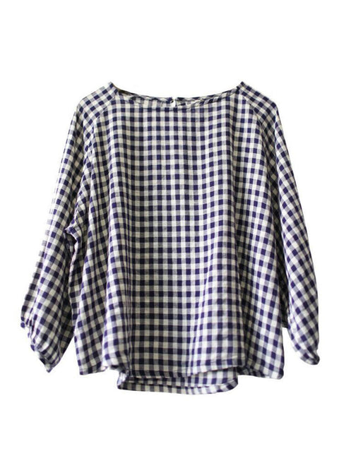 Camisa de algodón de jersey suelto a cuadros vintage de verano para mujer de talla grande