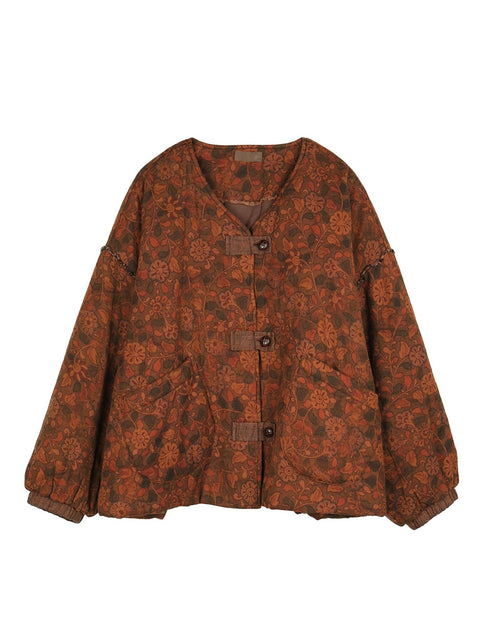 Chaqueta acolchada de algodón con cuello en V de invierno floral étnico para mujer