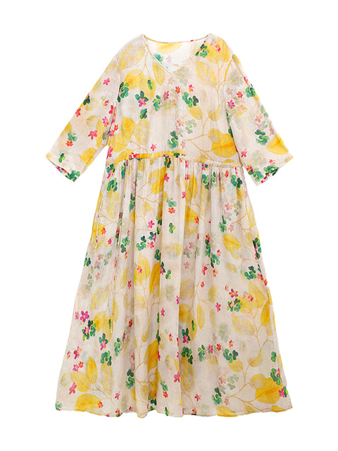 Mujeres de talla grande Summer Prairie Chic Floral V-Ramie Ramie Vestido