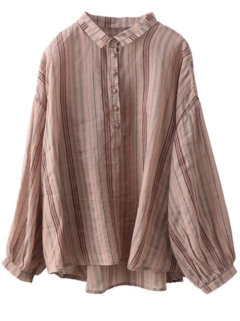 Women Spring Stripe Ramie Loose Linen Shirt