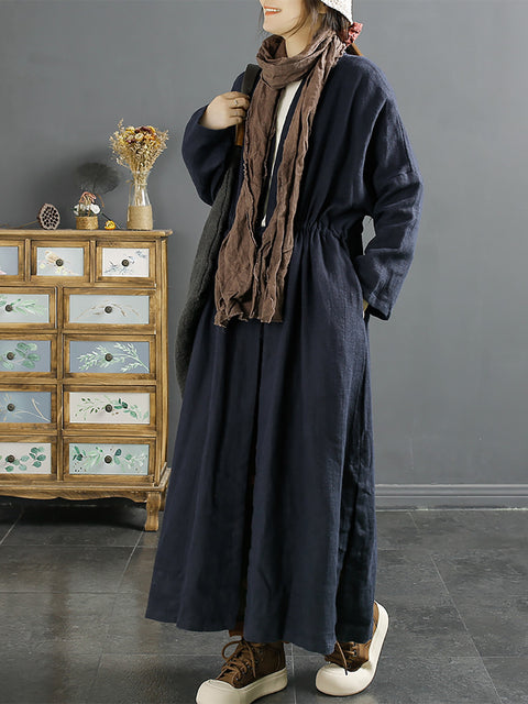 Plus Size Women Vintage Drawstring Linen Long Coat