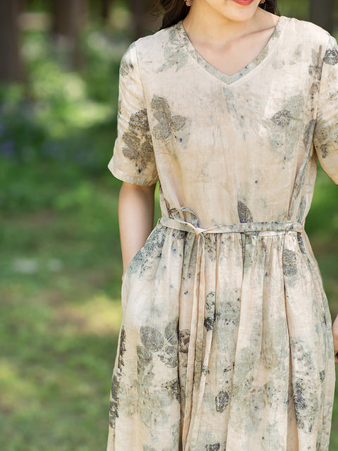 Vestido de ramio con cordón y estampado de tinta artístico de talla grande para mujer