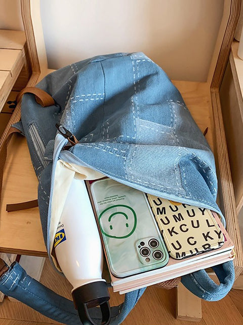 Casual Patch Spliced Denim Backpack