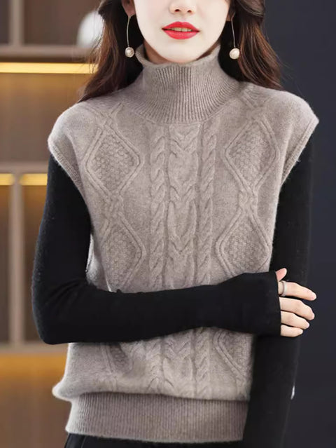 Women Casual Autumn Wool Turtleneck Twist Knit Vest