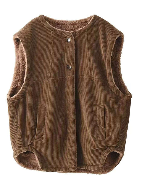 Women Casual Winter Solid Corduroy Plush Cotton Vest Coat