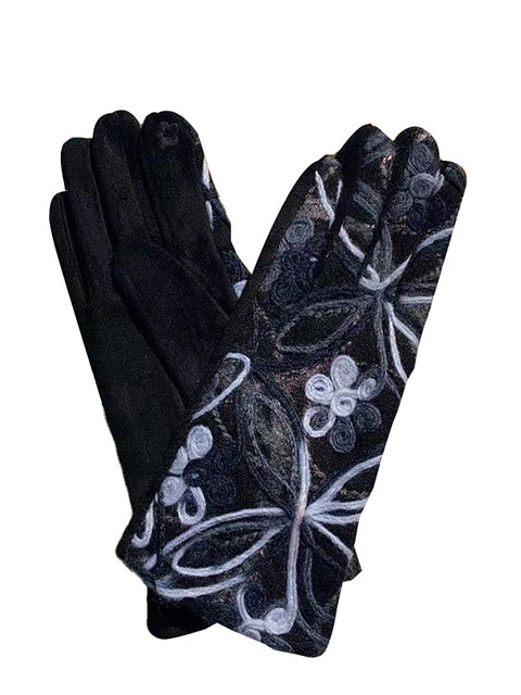 Guantes de ciclismo cálidos con bordado de flores étnicas para mujer