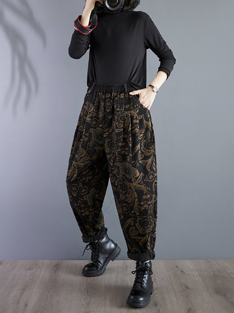 Pantalones Harem con forro polar de invierno con flores retro para mujer