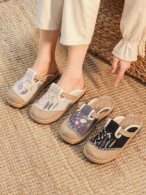 Pantuflas de lino con bordado de flores de verano para mujer