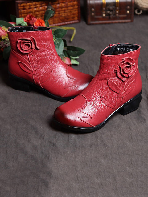 Women Retro Leather Flower Spliced Ankle Boots