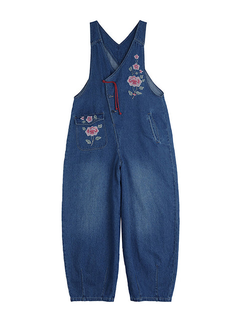 Women Spring Vintage Flower Embroidery Denim Jumpsuits