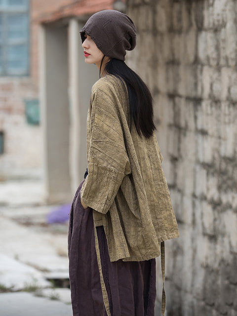 Abrigo camisero holgado con cordón liso Retro de primavera para mujer de talla grande