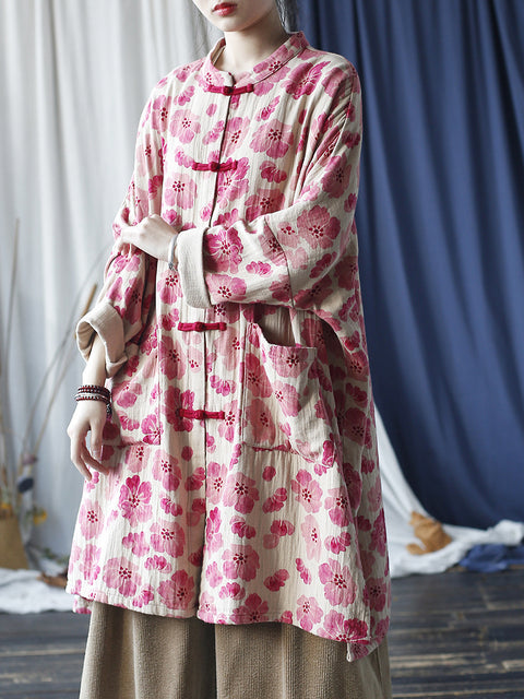 Camisa larga estilo bata con hebilla y flores de primavera vintage para mujer