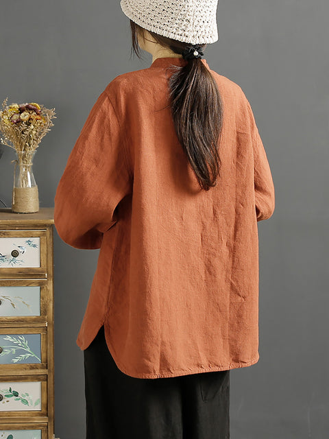 Plus Size Women Retro Spring Button O-Neck Linen Shirt