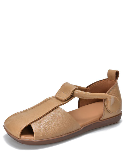 Sandalias planas con tiras de cuero suave estilo vintage de verano para mujer