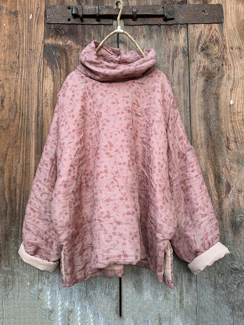 Abrigo acolchado de ramio con cuello redondo y flores de otoño estilo vintage para mujer