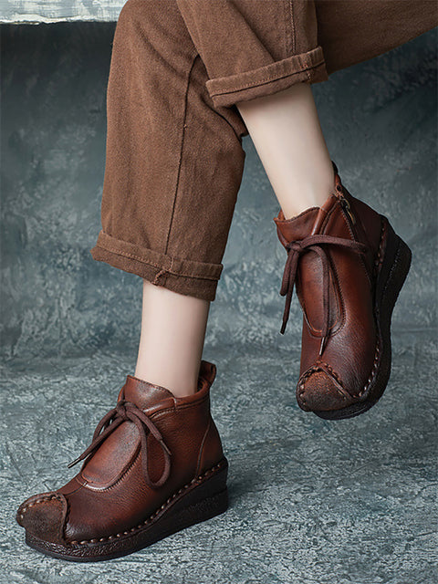 Women Vintage Genuine Leather Spliced Strap Mid-Heel Boots