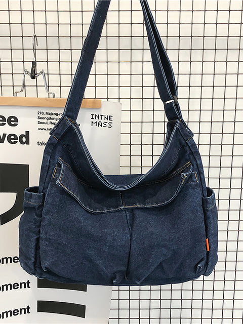 Bolso vintage de mezclilla sólida de gran capacidad para mujer