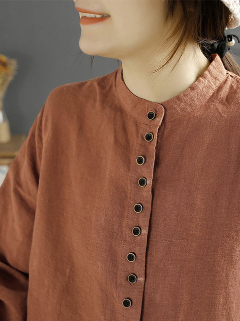 Camisa de lino con cuello redondo y botones retro de primavera para mujer de talla grande