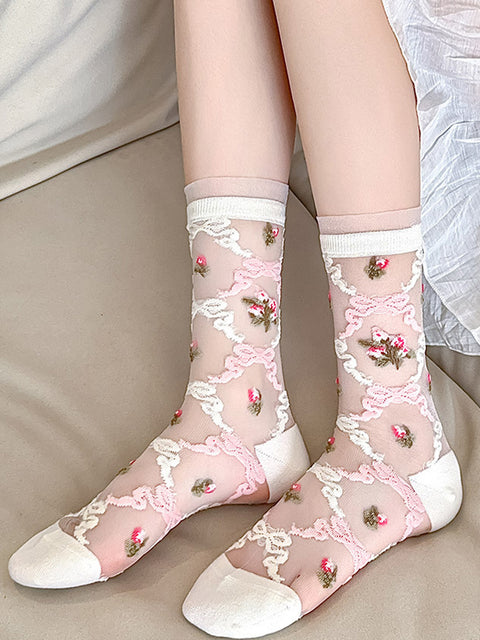 3 pares de calcetines finos de media pantorrilla con estampado floral de jacquard de verano