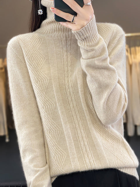 Women Autumn Turtleneck Knit 100%Wool Soft Sweater