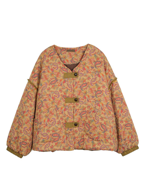 Chaqueta acolchada de algodón con cuello en V de invierno floral étnico para mujer