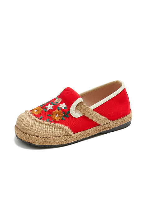 Zapatos de paja empalmados de lino con bordado de flores de verano para mujer