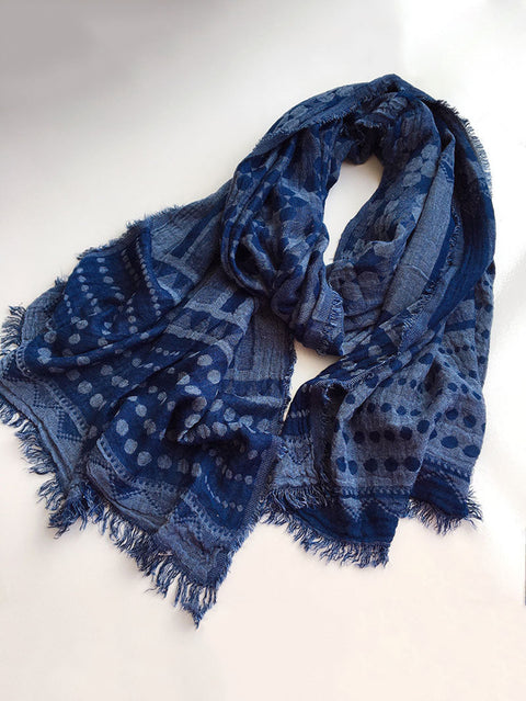 Women Retro Geometric Batik Blue Tassel Shawl Scarf